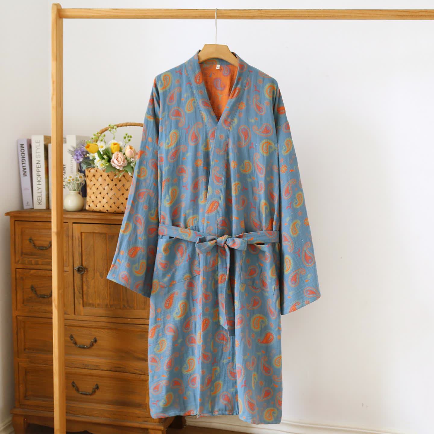 Kimono giapponese in garza di cotone Paisley - Blu e arancione - L - image 1