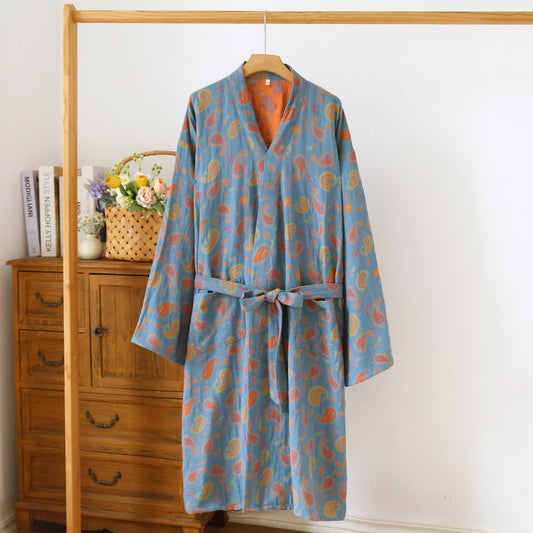 Kimono giapponese in garza di cotone Paisley - Blu e arancione - L - image 1