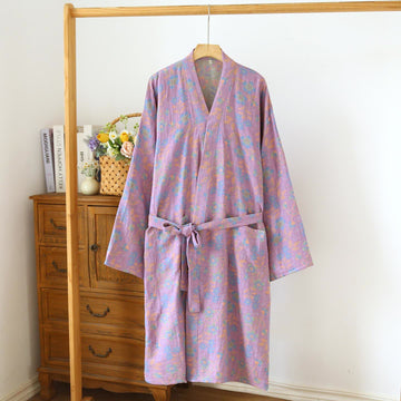 Kimono giapponese in cotone color narciso - Viola chiaro e verde - L - image 1