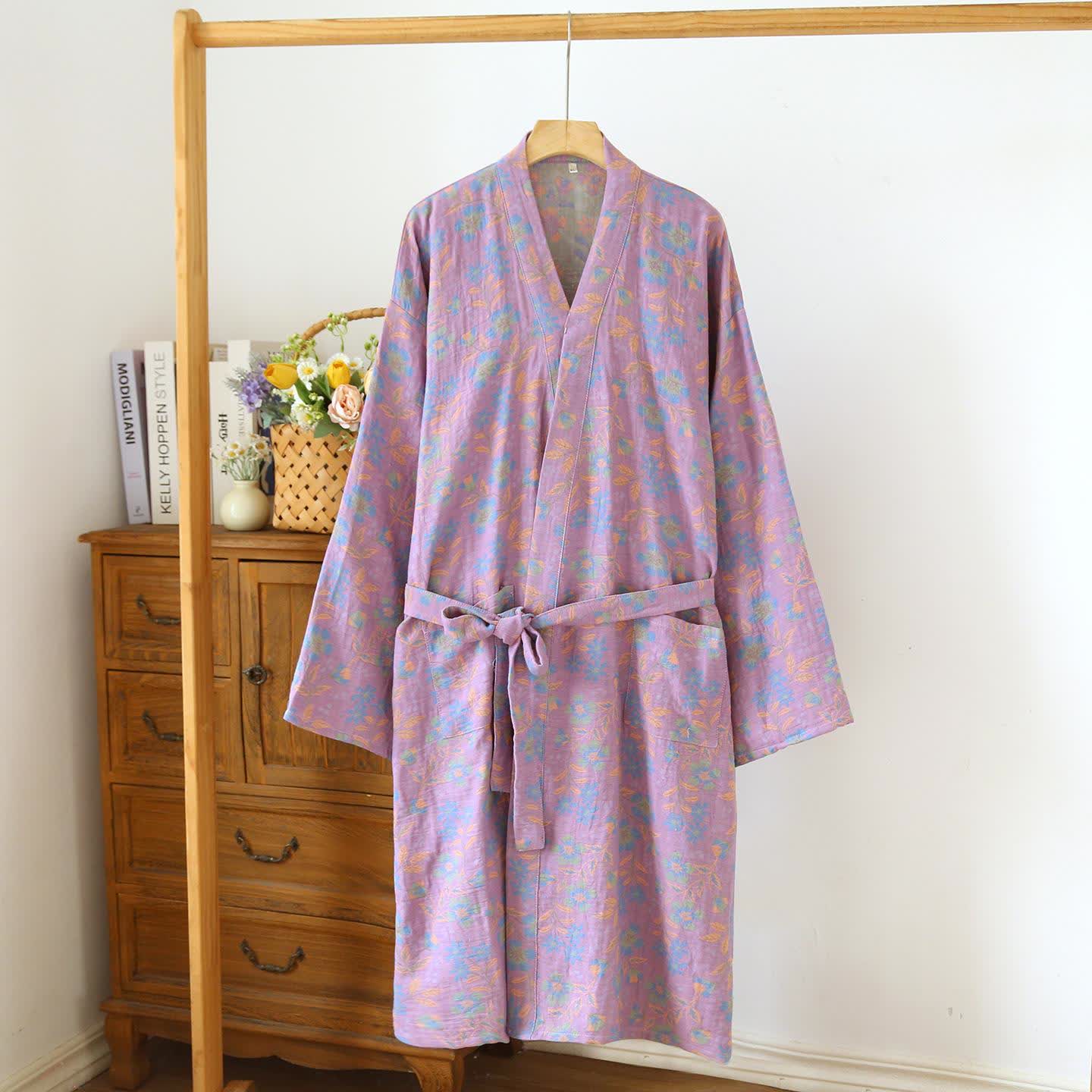 Kimono giapponese in cotone color narciso - Viola chiaro e verde - L - image 1