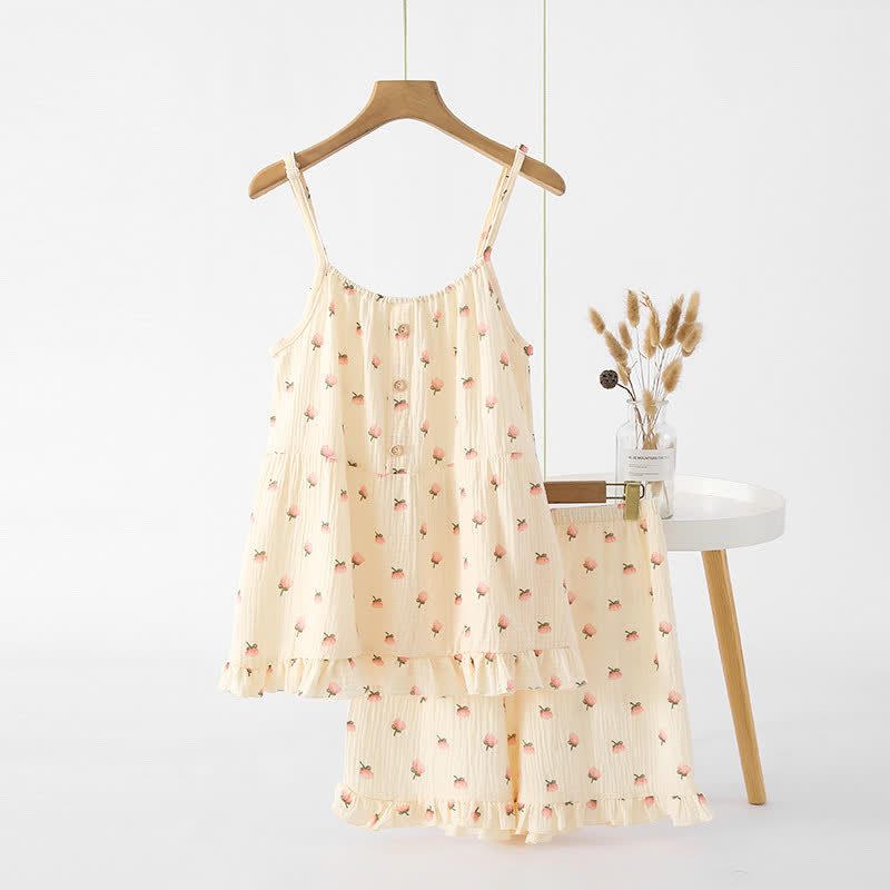Pigiama con volant in garza di cotone e fiori di kapok - Beige - XL - image 3