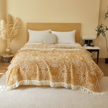 Trapunta retrò tribale in garza di cotone con nappe - Oro - Matrimoniale - image 0
