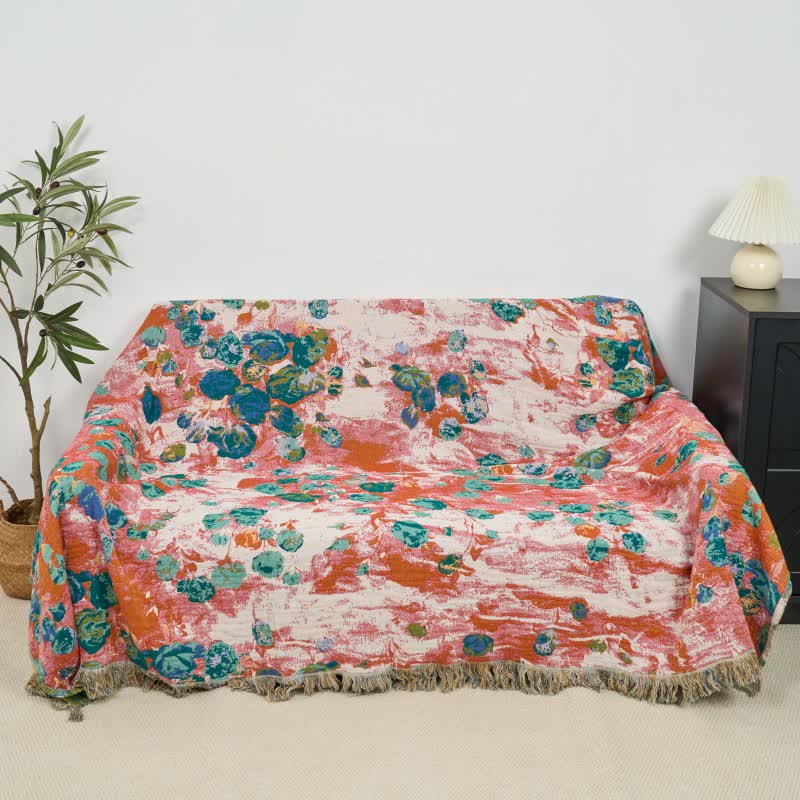 Coperta reversibile in garza di cotone con motivo artistico rosa - image 2