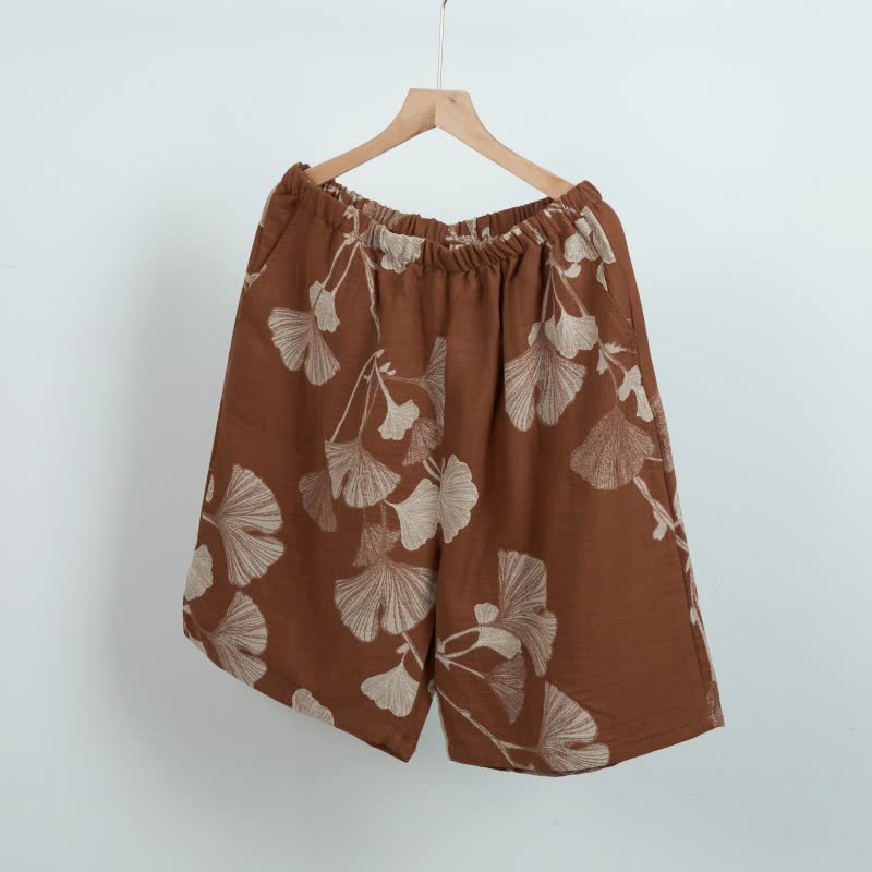 Pantaloncini da pigiama in cotone jacquard con foglie di ginkgo - Marrone - XL - image 4