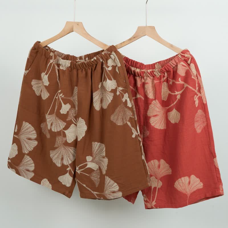 Pantaloncini da pigiama in cotone jacquard con foglie di ginkgo - image 1