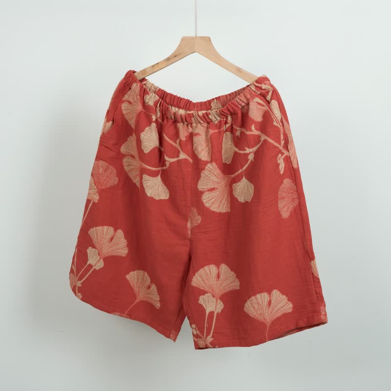 Pantaloncini da pigiama in cotone jacquard con foglie di ginkgo - Arancia - XL - image 2