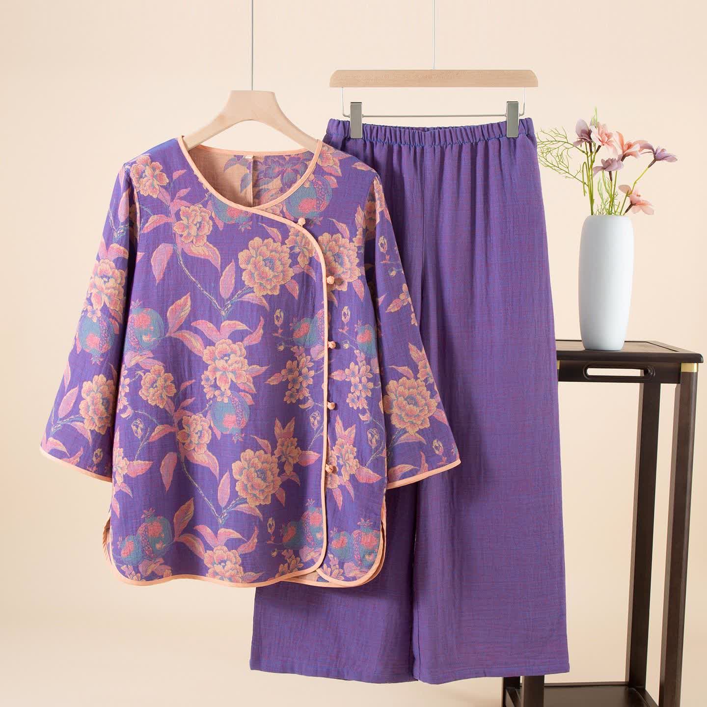 Pigiama in cotone con peonia e melograno in stile orientale - XL - image 1