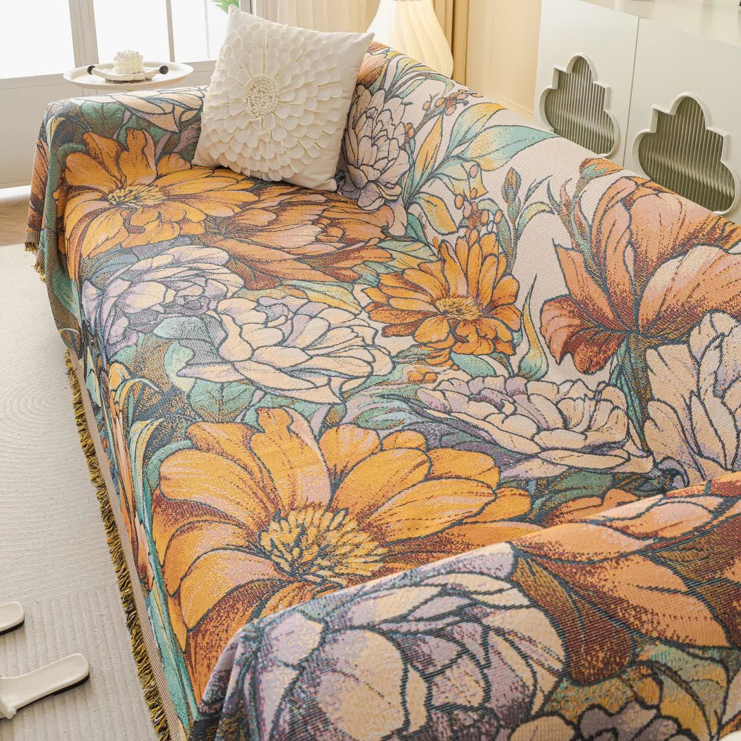 Coperta da divano in ciniglia con motivo jacquard e crisantemo - 180cm x 340cm - image 1