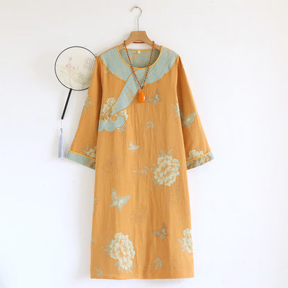 Camicia da notte ampia in garza di cotone con motivo peonia gialla - image 0