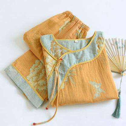 Pigiama in garza di cotone jacquard con farfalla e peonia - image 2