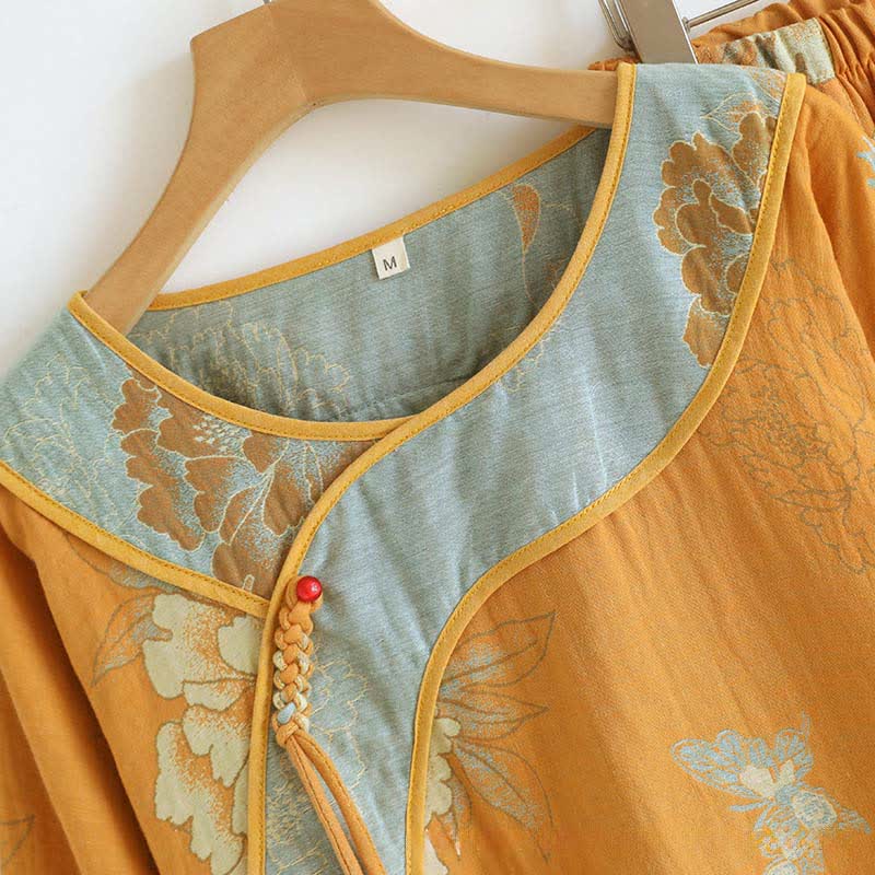 Pigiama in garza di cotone jacquard con farfalla e peonia - image 3