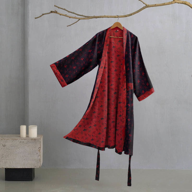 Kimono bicolore in garza di cotone ginkgo - Nero e rosso - XL - image 3