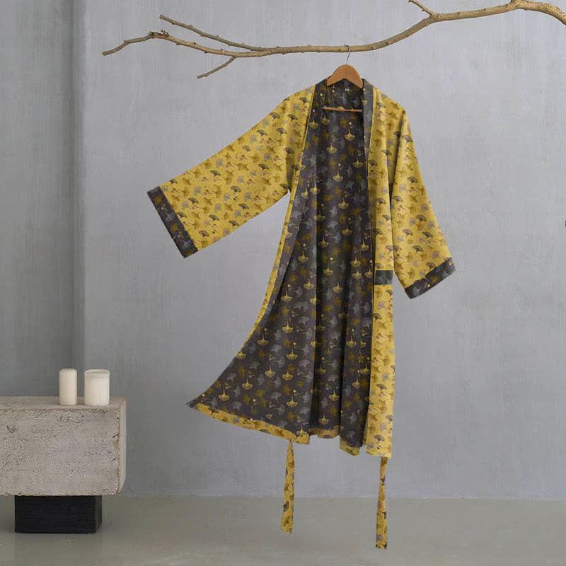 Kimono bicolore in garza di cotone ginkgo - Giallo e grigio - XL - image 13