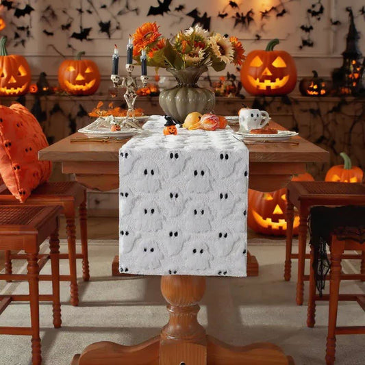 Runner da tavolo ricamato con fantasma di peluche di Halloween - Bianco - 35cm x 330cm - image 1