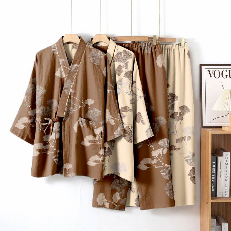 Pigiama kimono in cotone con grandi foglie di ginkgo - image 4