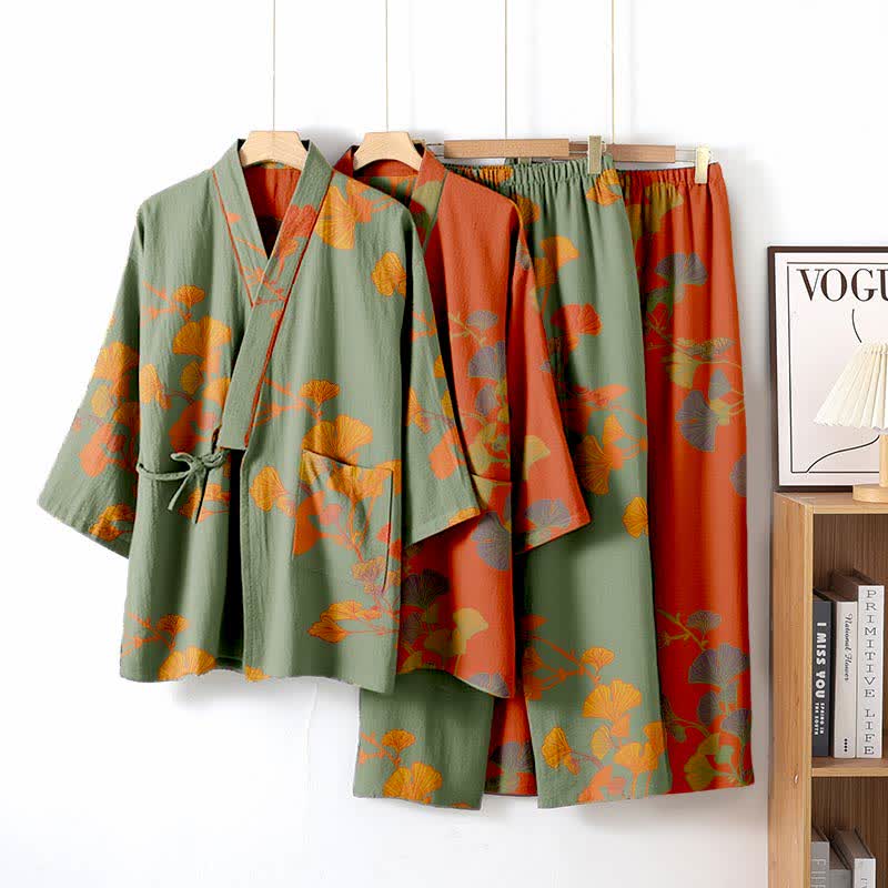 Pigiama kimono in cotone con grandi foglie di ginkgo - image 0