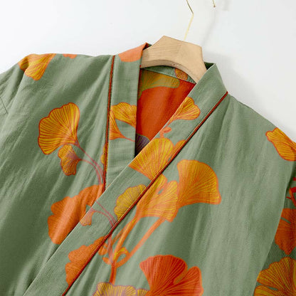 Pigiama kimono in cotone con grandi foglie di ginkgo - image 5