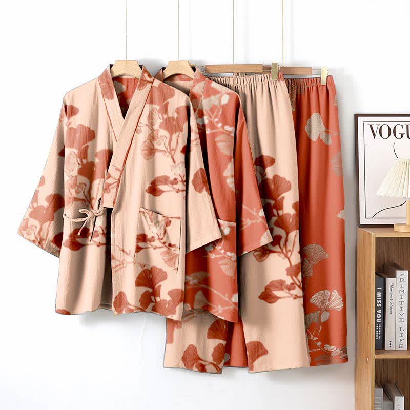 Pigiama kimono in cotone con grandi foglie di ginkgo - image 3