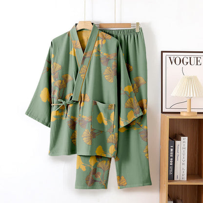 Pigiama kimono in cotone con grandi foglie di ginkgo - Verde e giallo - XL - image 5