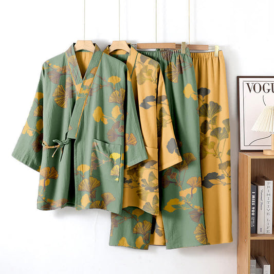 Pigiama kimono in cotone con grandi foglie di ginkgo - image 1
