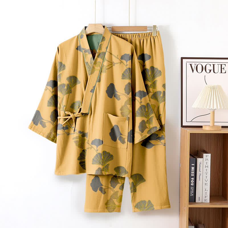 Pigiama kimono in cotone con grandi foglie di ginkgo - Giallo - XL - image 6