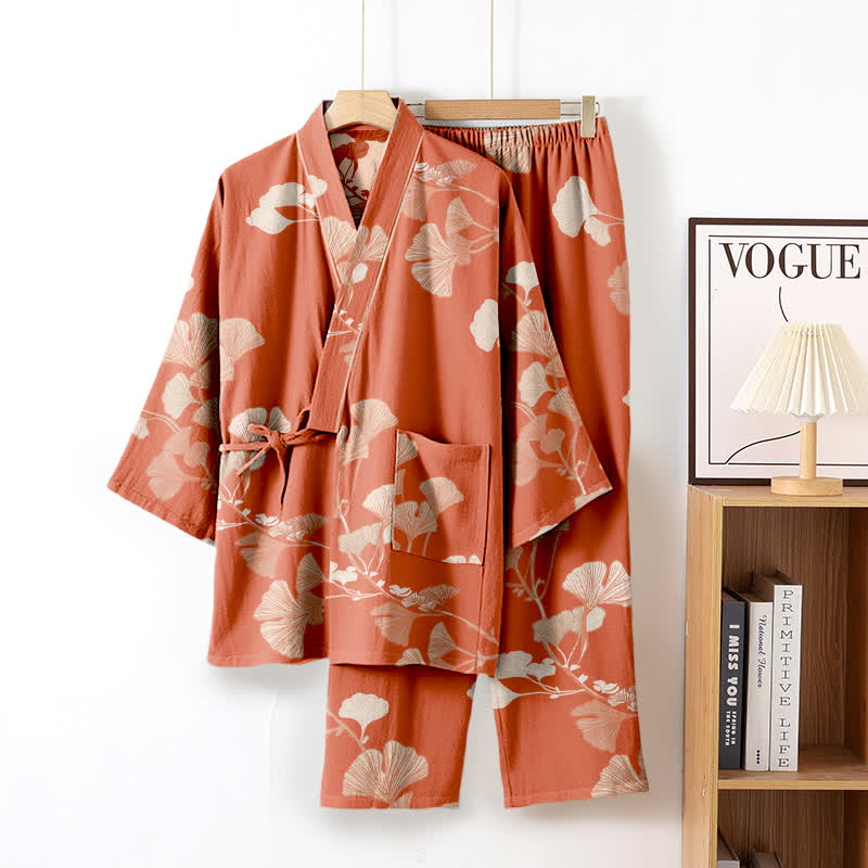 Pigiama kimono in cotone con grandi foglie di ginkgo - Rosa - XL - image 11
