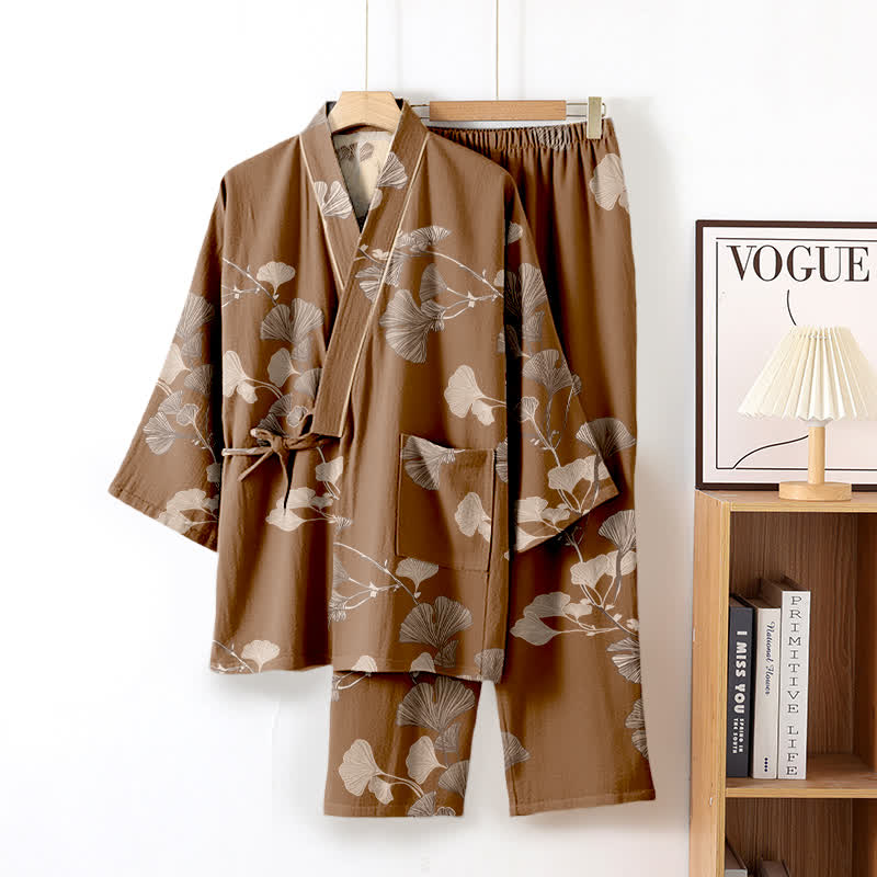 Pigiama kimono in cotone con grandi foglie di ginkgo - Marrone - XL - image 14