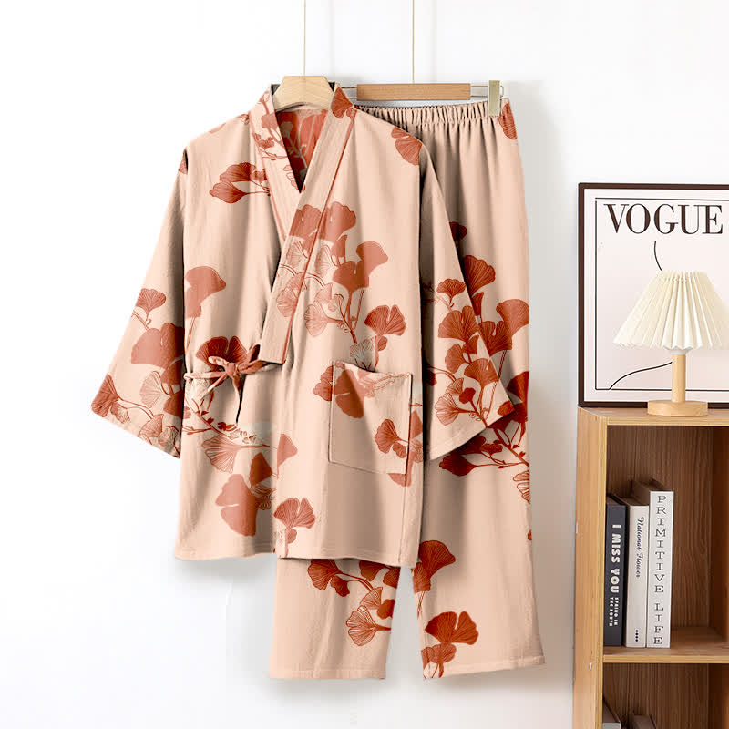 Pigiama kimono in cotone con grandi foglie di ginkgo - Beige e rosa - XL - image 12
