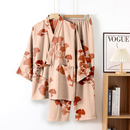 Pigiama kimono in cotone con grandi foglie di ginkgo - Beige e rosa - XL - image 12