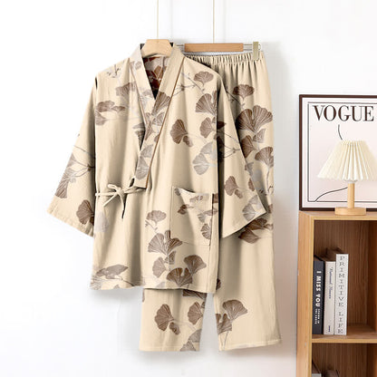 Pigiama kimono in cotone con grandi foglie di ginkgo - Beige - XL - image 13