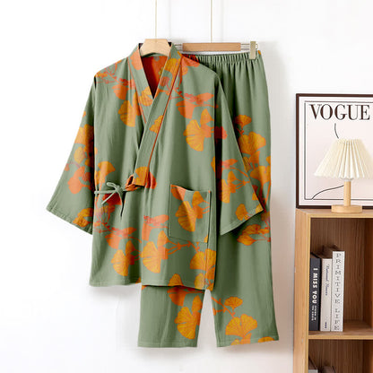 Pigiama kimono in cotone con grandi foglie di ginkgo - Verde e arancione - XL - image 7