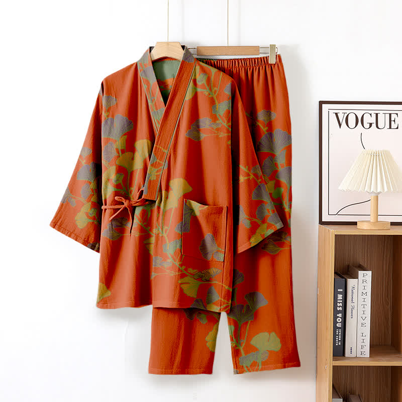 Pigiama kimono in cotone con grandi foglie di ginkgo - Arancia - XL - image 10