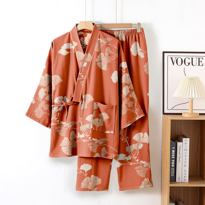 Pigiama kimono in cotone con grandi foglie di ginkgo - image 13