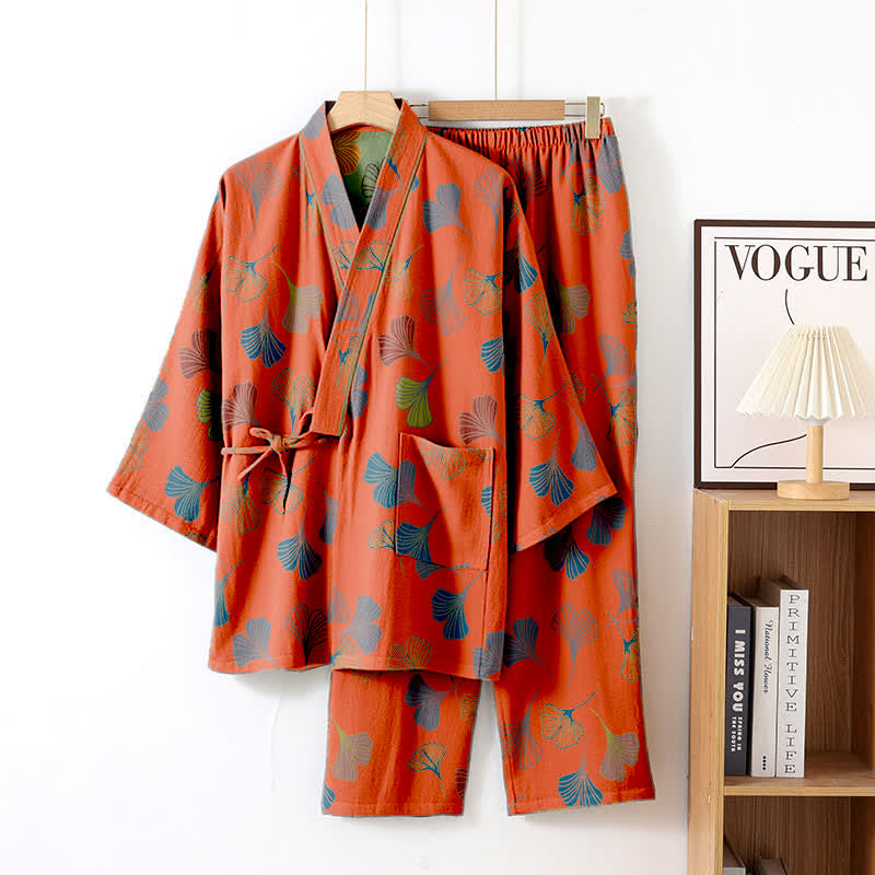 Completo da salotto in kimono di garza di cotone Ginkgo - Rosso arancione - XL - image 15