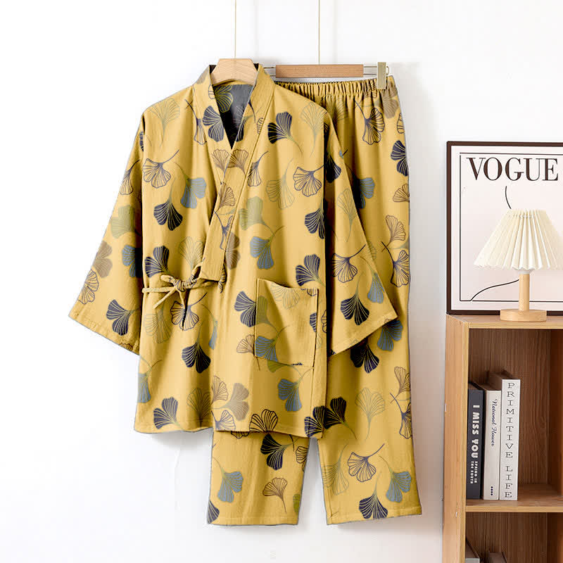 Completo da salotto in kimono di garza di cotone Ginkgo - Giallo chiaro - XL - image 18