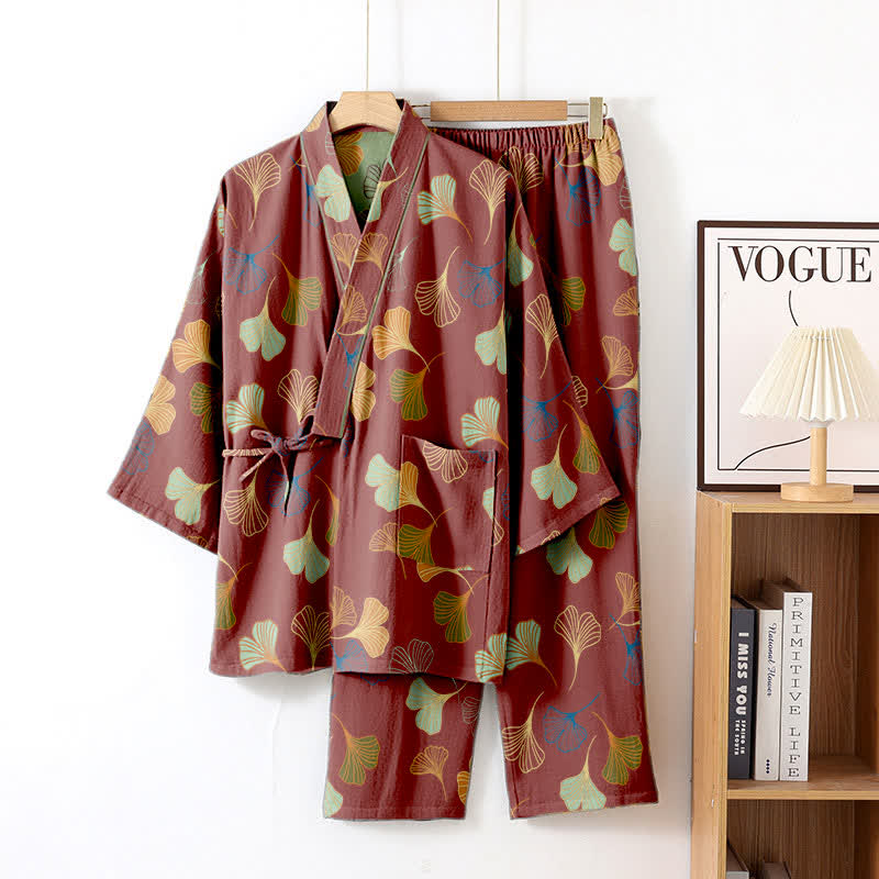 Completo da salotto in kimono di garza di cotone Ginkgo - Vino - XL - image 30