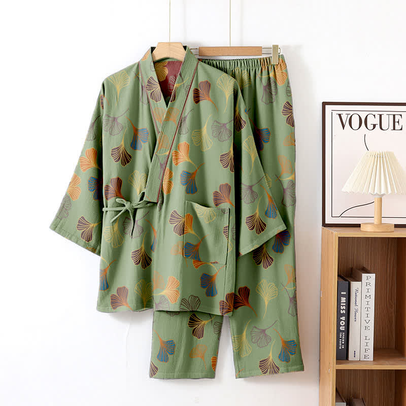 Completo da salotto in kimono di garza di cotone Ginkgo - Verde e vino - XL - image 33