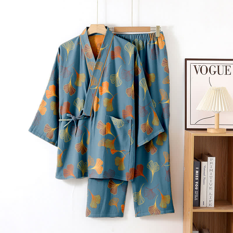 Completo da salotto in kimono di garza di cotone Ginkgo - Blu - XL - image 6