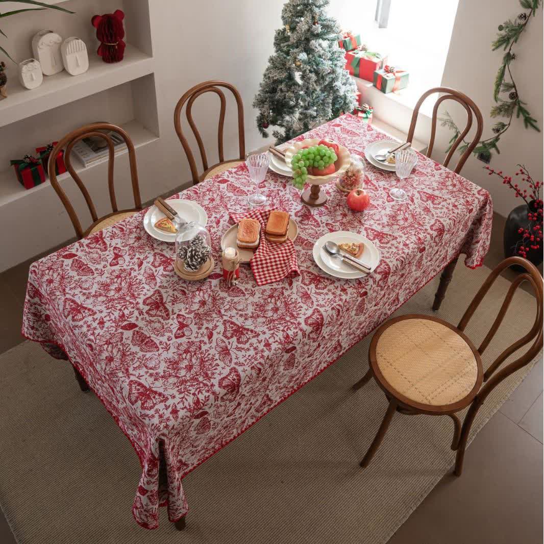Tovaglia jacquard floreale con farfalle rosse - image 2