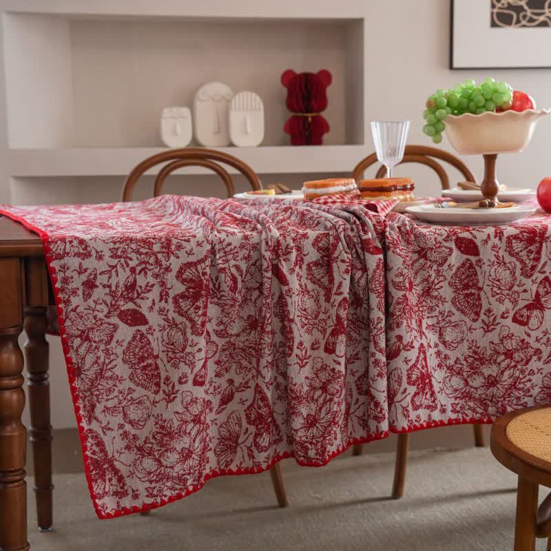 Tovaglia jacquard floreale con farfalle rosse - image 4