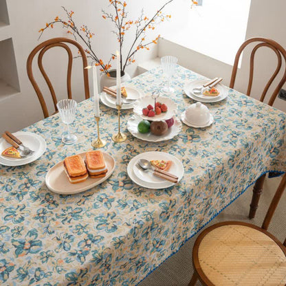 Tovaglia jacquard floreale blu in stile rustico - image 3