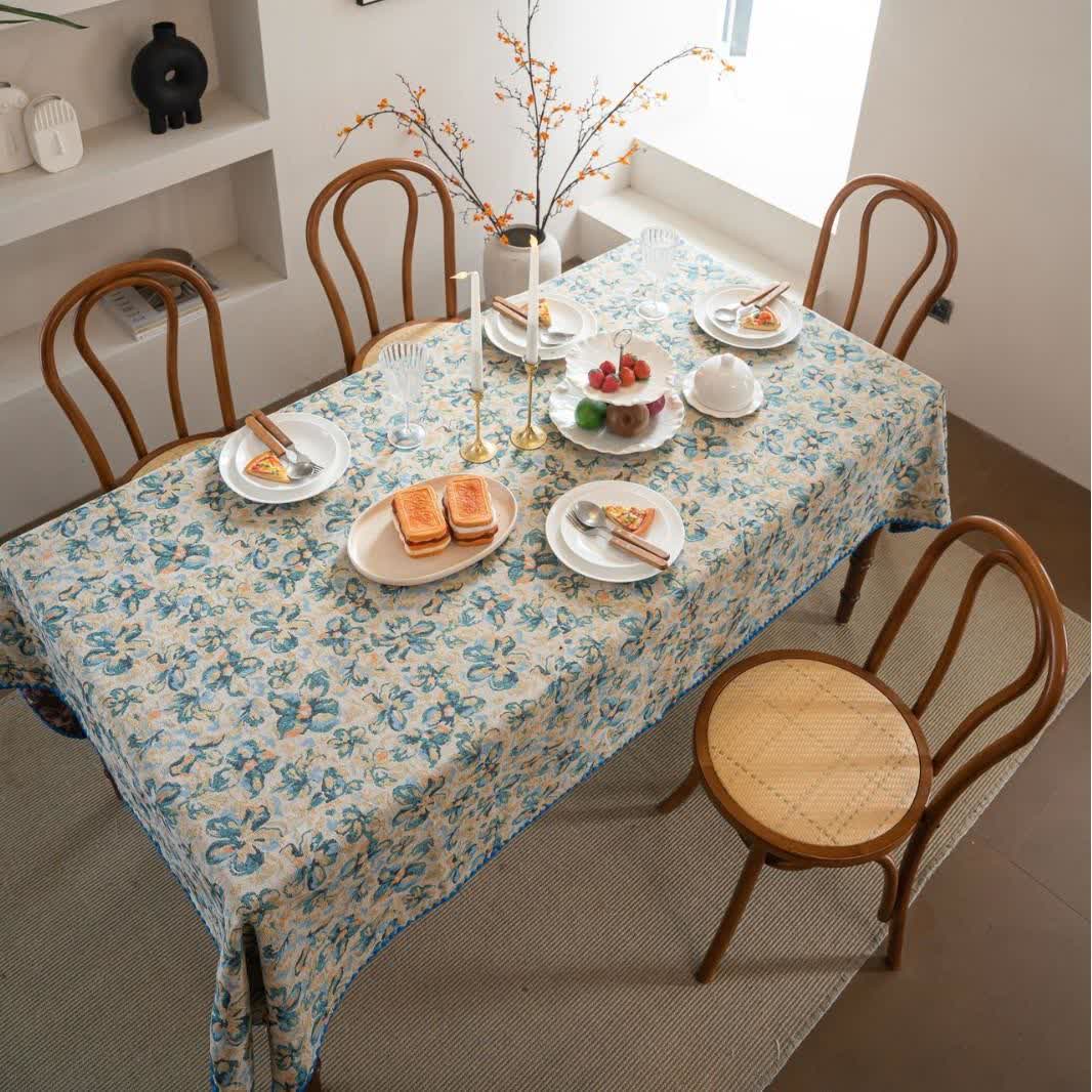 Tovaglia jacquard floreale blu in stile rustico - image 2