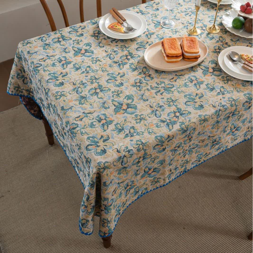 Tovaglia jacquard floreale blu in stile rustico - image 5