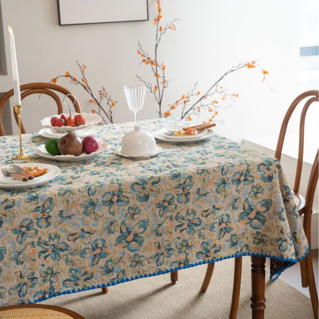 Tovaglia jacquard floreale blu in stile rustico - image 4