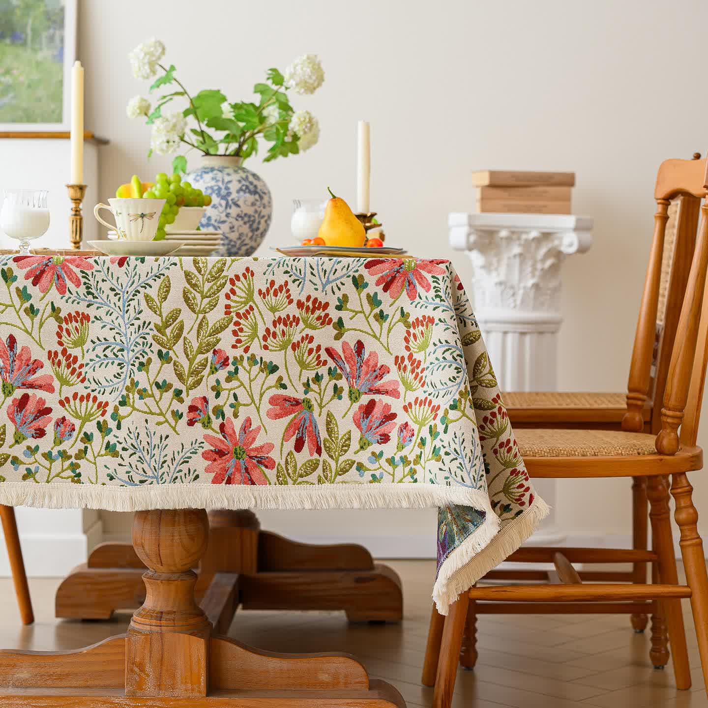 Tovaglia rustica con nappe in jacquard floreale - image 2