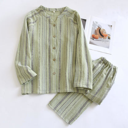 Completo da notte in garza di cotone a righe - Verde - XL - image 19