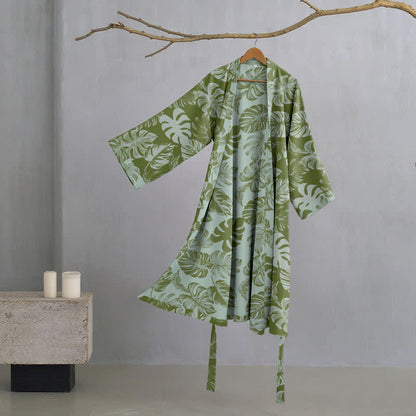 Kimono in garza di cotone con stampa Monstera - Verde scuro - L - image 1