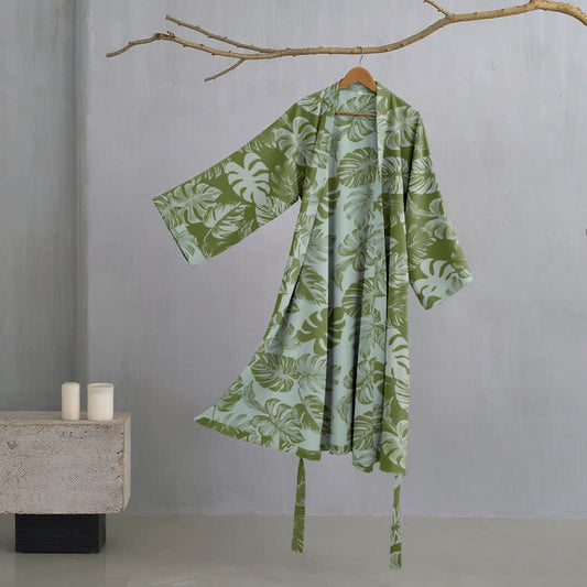Kimono in garza di cotone con stampa Monstera - Verde scuro - L - image 1