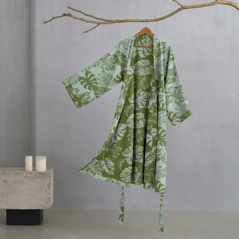 Kimono in garza di cotone con stampa Monstera - Verde chiaro - L - image 8