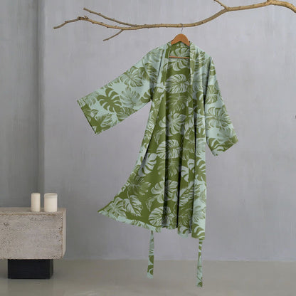 Kimono in garza di cotone con stampa Monstera - Verde chiaro - L - image 8